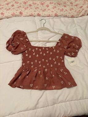 Altar'd State Rust Floral Smocked Peplum Puff Sleeve Top